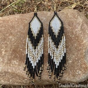 Gold and Black Beaded Earrings with Fringe, New, Handmade by Me